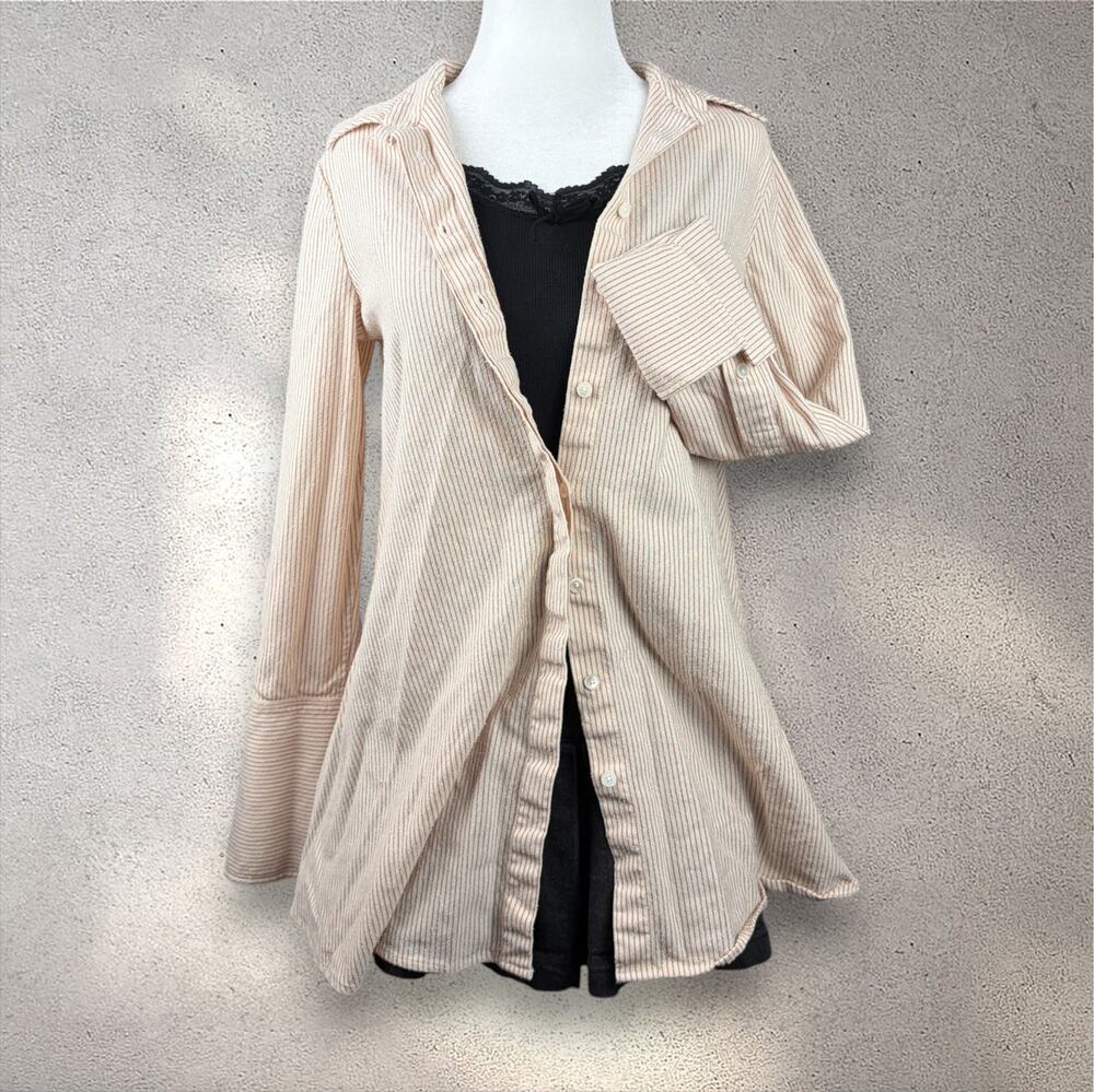 BROCK COLLECTION Button-Up Shirt Women's 2 Tan Ticking Stripe Wool Designer Boho